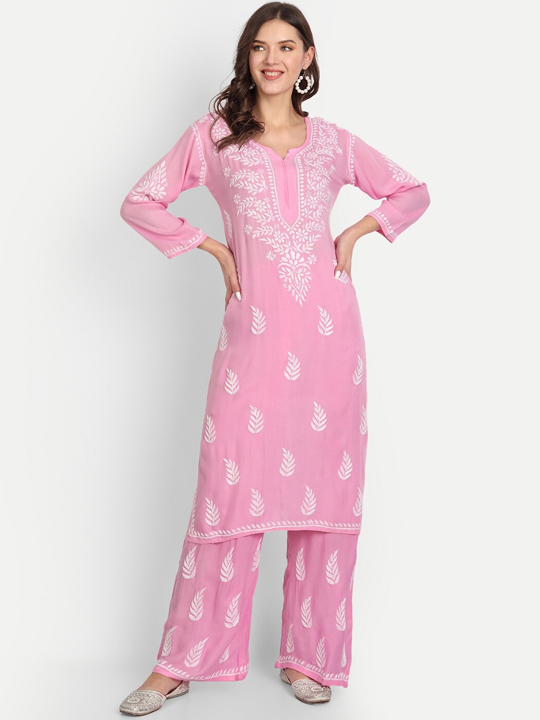 

Indiankala4u Women Pink & White Embroidered Chikankari Straight Kurta with Palazzo