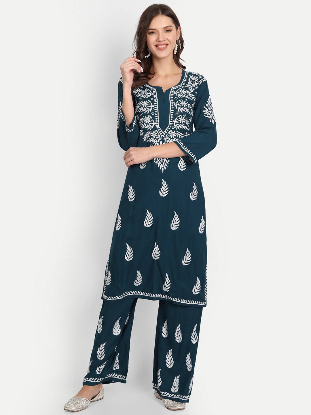 

Indiankala4u Women Teal & White Embroidered Chikankari Straight Kurta with Palazzo