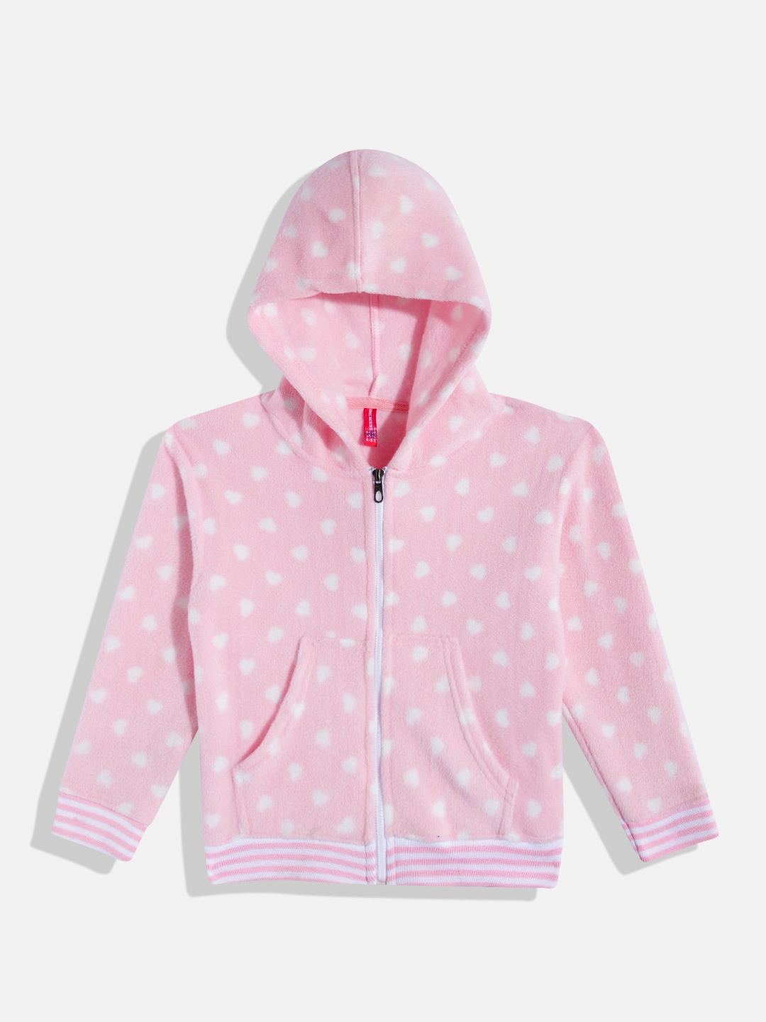 

GAME BEGINS Girls Polka Dots Printed Premium Cotton Hooded Front-Open Sweatshirt, Pink