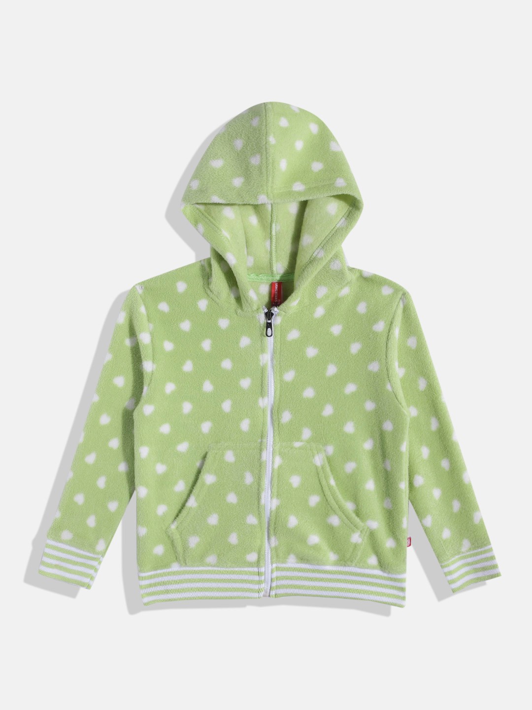 

GAME BEGINS Girls Polka Dots Printed Premium Cotton Hooded Front-Open Sweatshirt, Green