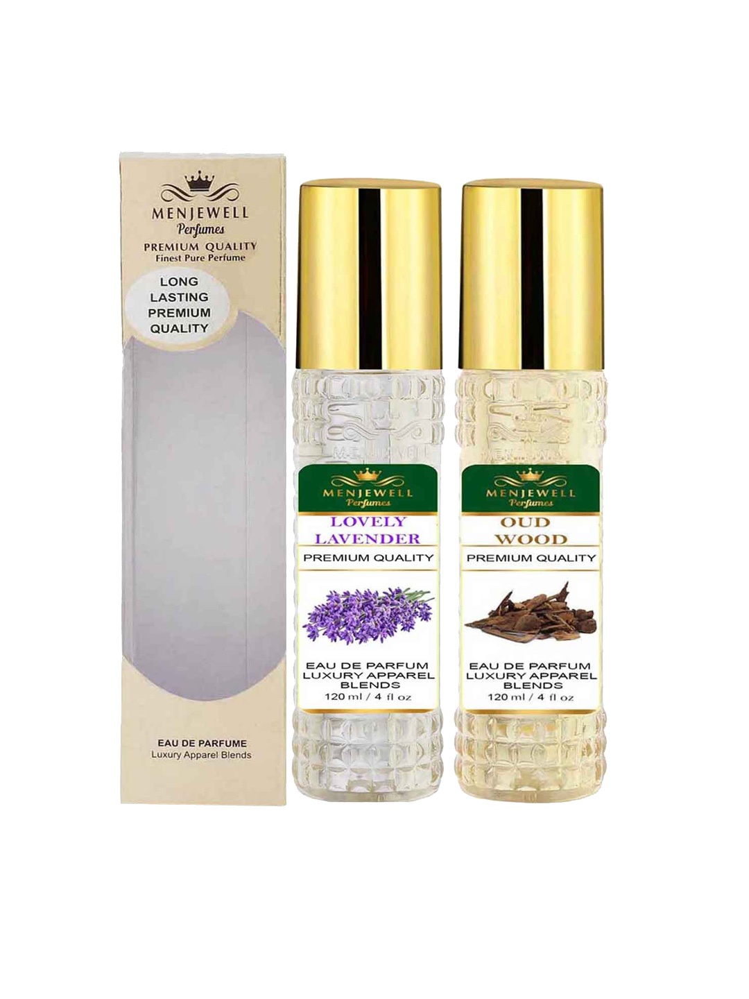 

Menjewell Set of Oud Wood & Lovely Lavender Eau De Parfum - 120 ml each, Yellow