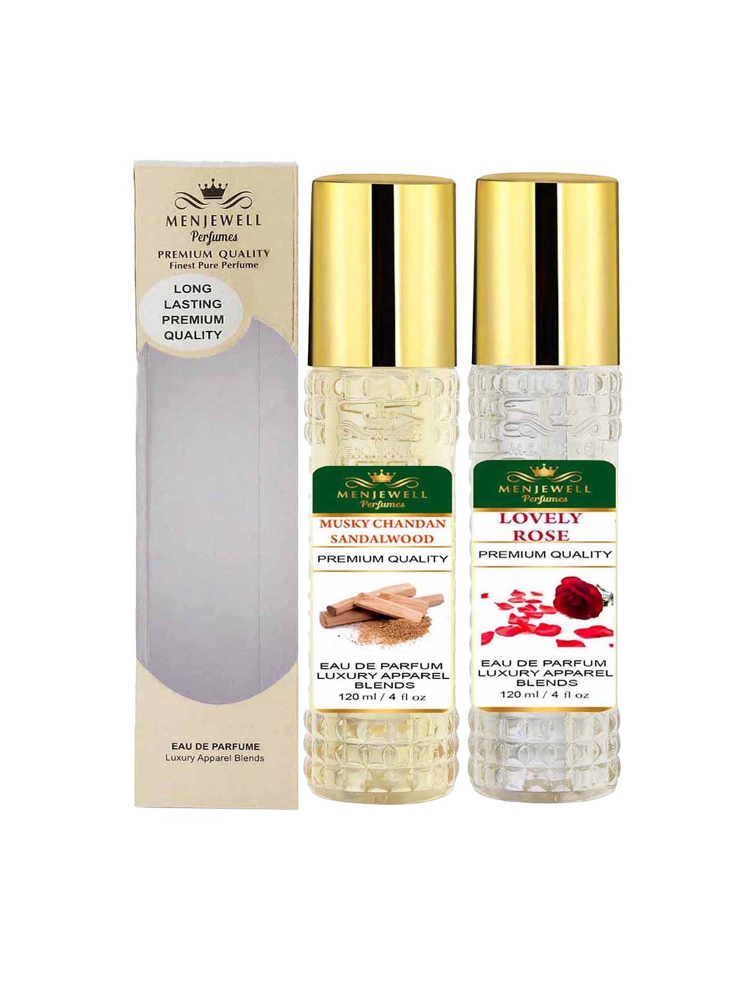 

Menjewell Set of Musky Chandan Sandalwood & Lovely Rose Eau De Parfum - 120 ml each, Yellow