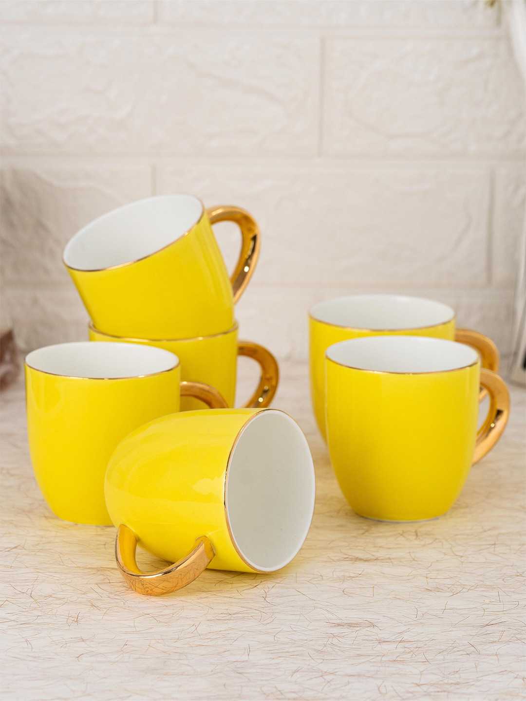 

JCPL Yellow & White Set of 6 Dishwasher safe Ceramic Glossy Cups 180ml each