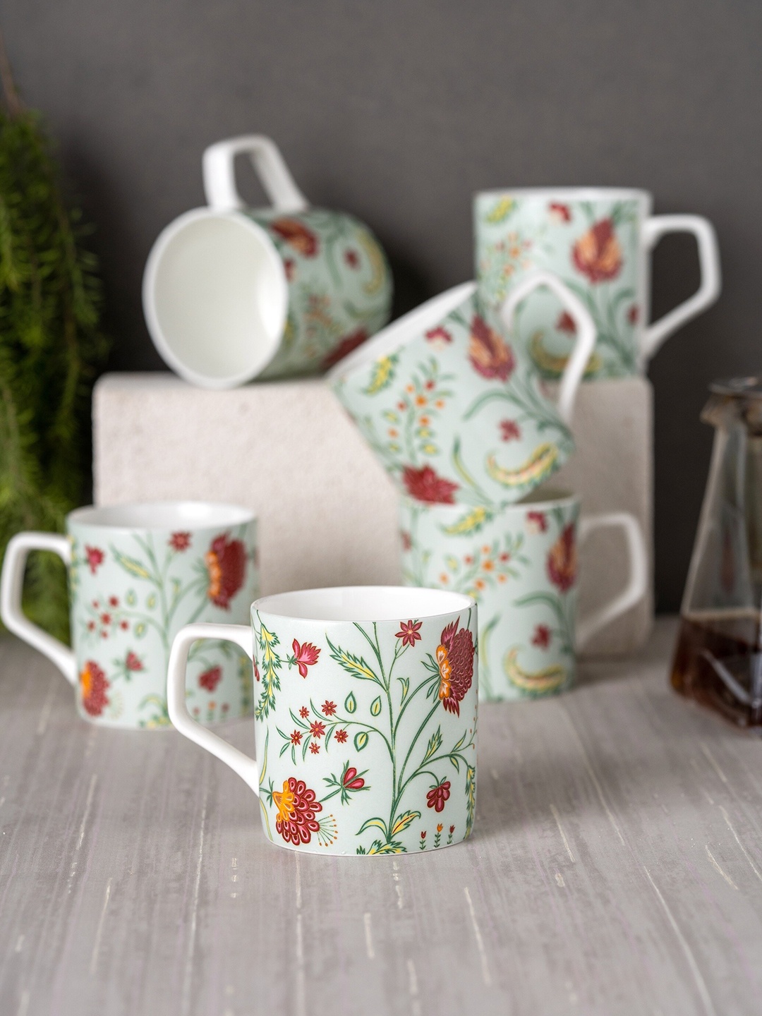 

JCPL Cream & Green 6 Floral Printed Ceramic Glossy Cups 180ml