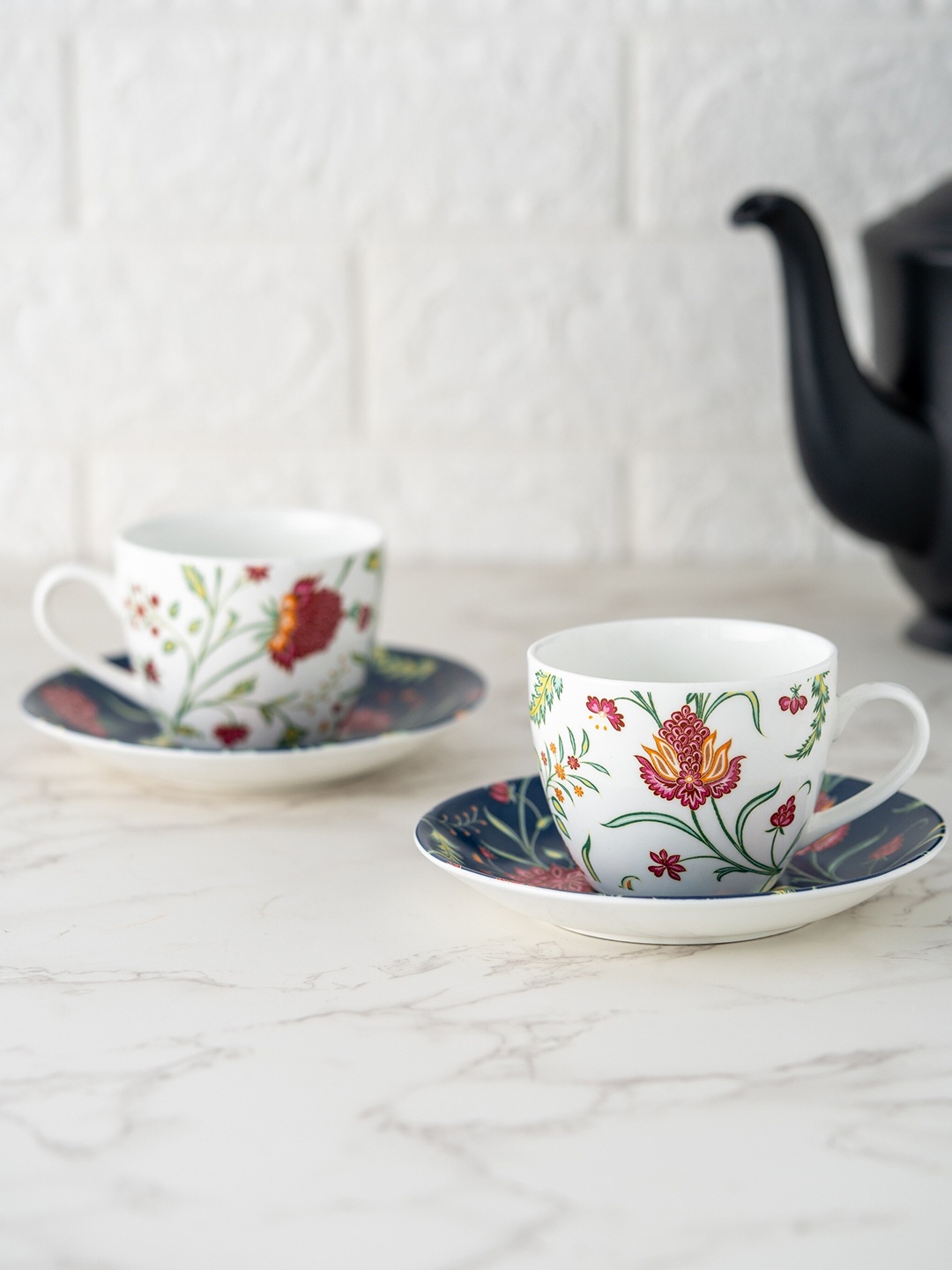 

JCPL White & Pink Set Of 12 Dishwasher Ceramic Glossy Cups and Saucers 180ml Each