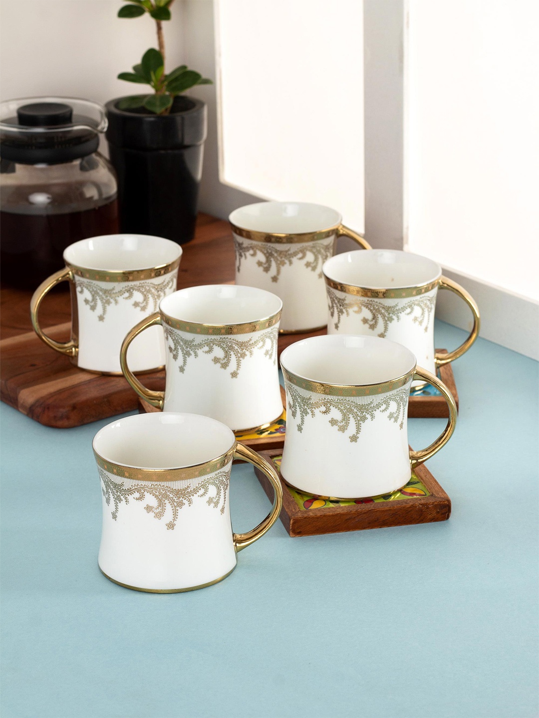 

JCPL White & Goldtoned 6 Pieces Floral Printed Ceramic Glossy Cups 180 ml each