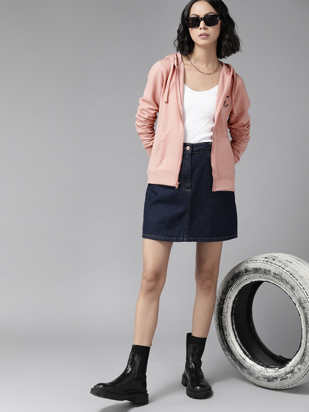 

Roadster Women Pink Hooded Open-Front Sweatshirt