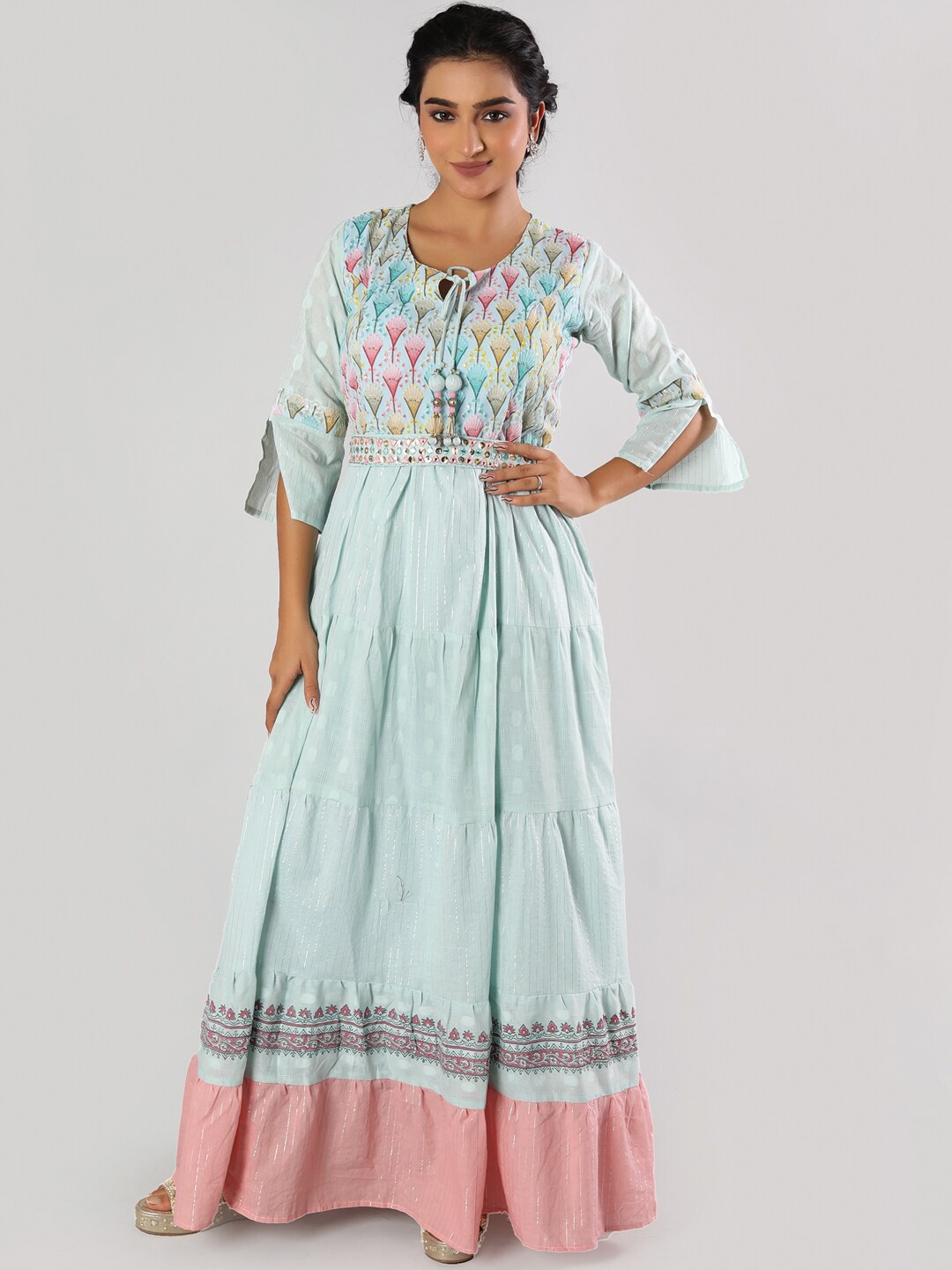 

taruni Women Sea Green Ethnic Motifs Embroidered Mirror Work Georgette Kurta