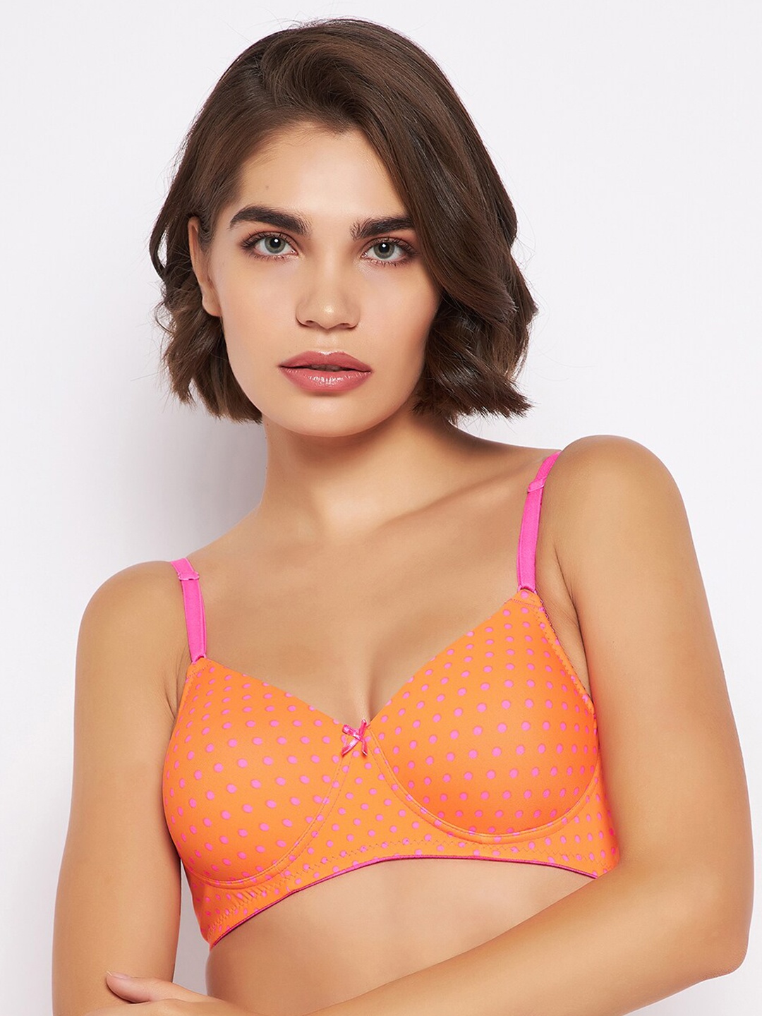 

Clovia Padded Non-Wired Full Cup Polka Print T-shirt Bra, Orange