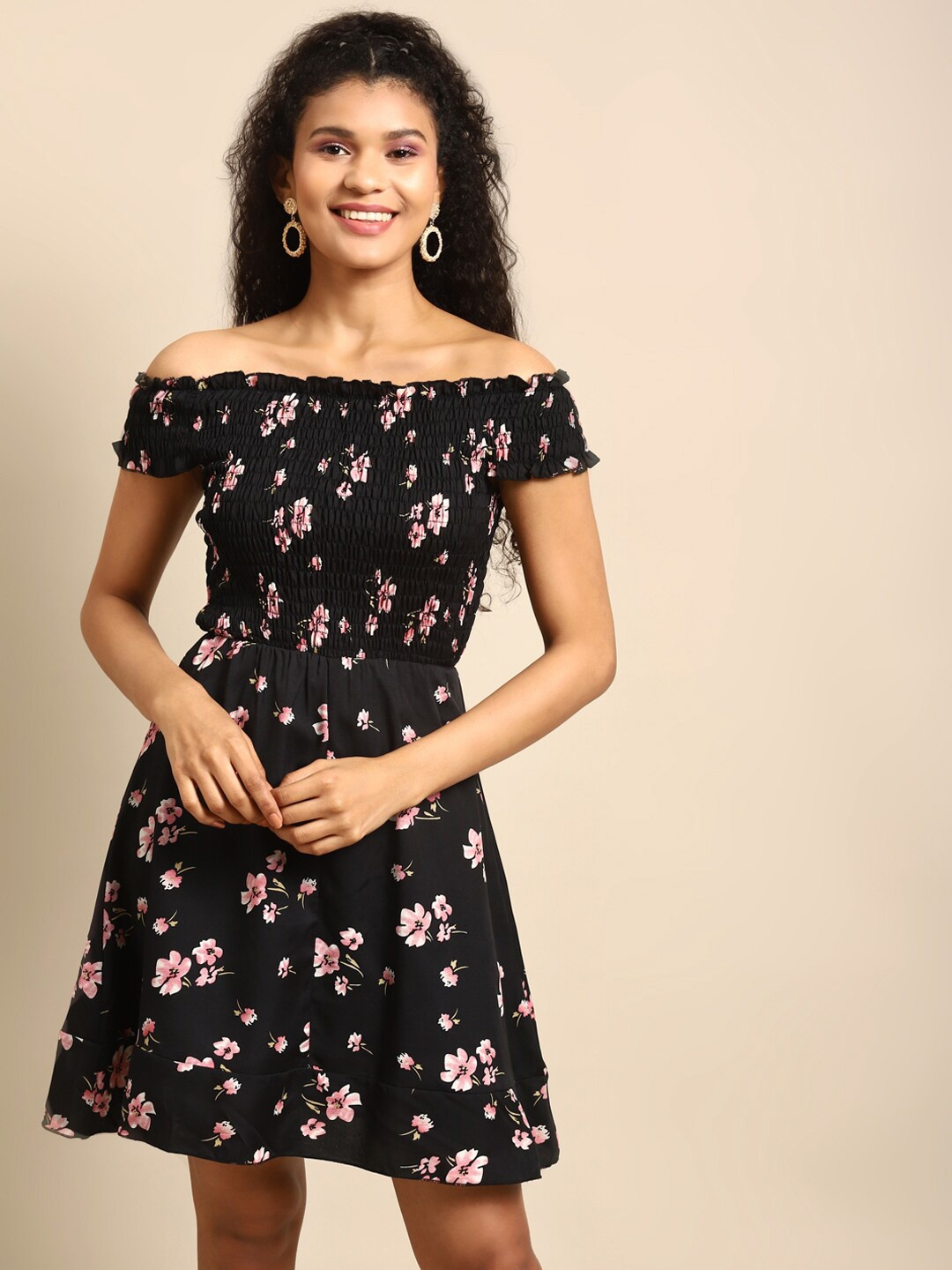 

DODO & MOA Women Black Floral Off-Shoulder Crepe A-Line Dress