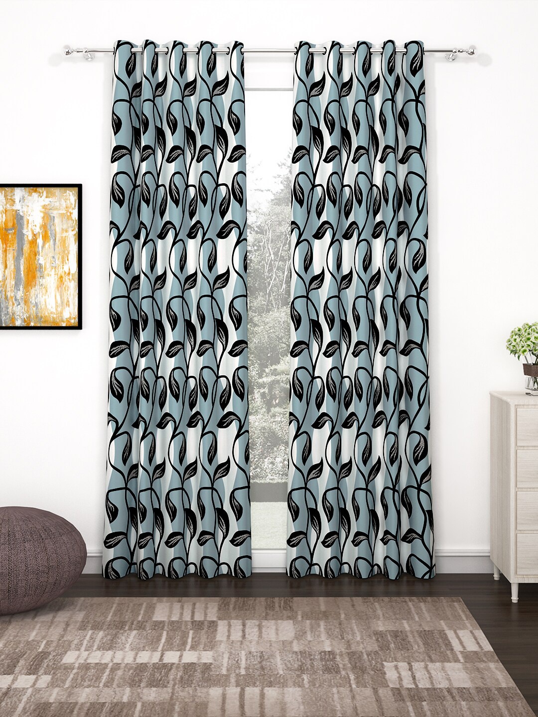 

Bedspun Blue & Black Set of 2 Floral Long Door Curtain