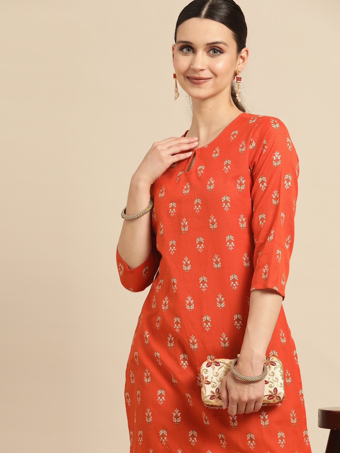 

Anouk Women Orange Ethnic Motifs Printed Keyhole Neck Kurta