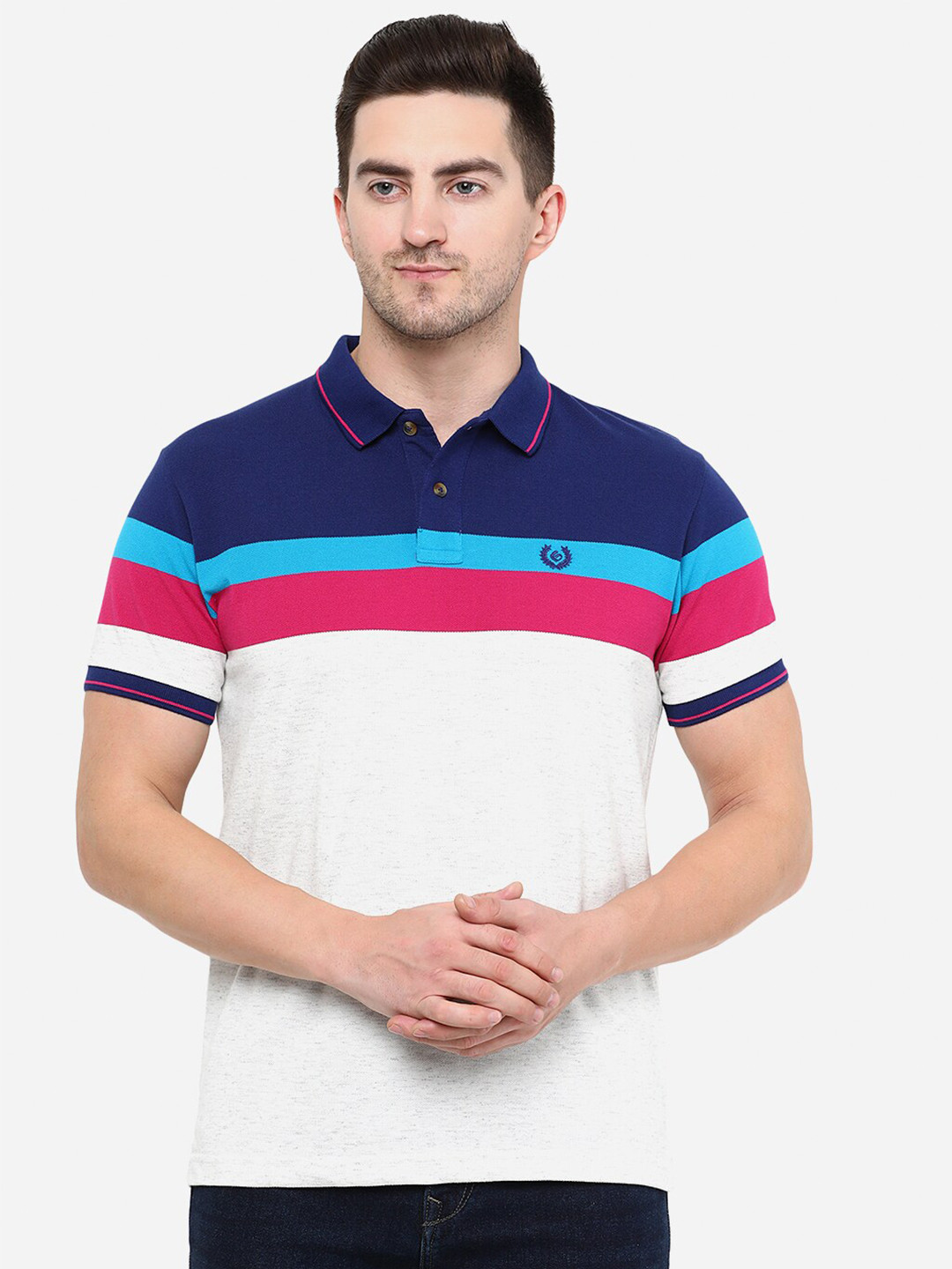 

Greenfibre Men White Printed Polo Collar Slim Fit Cotton T-shirt