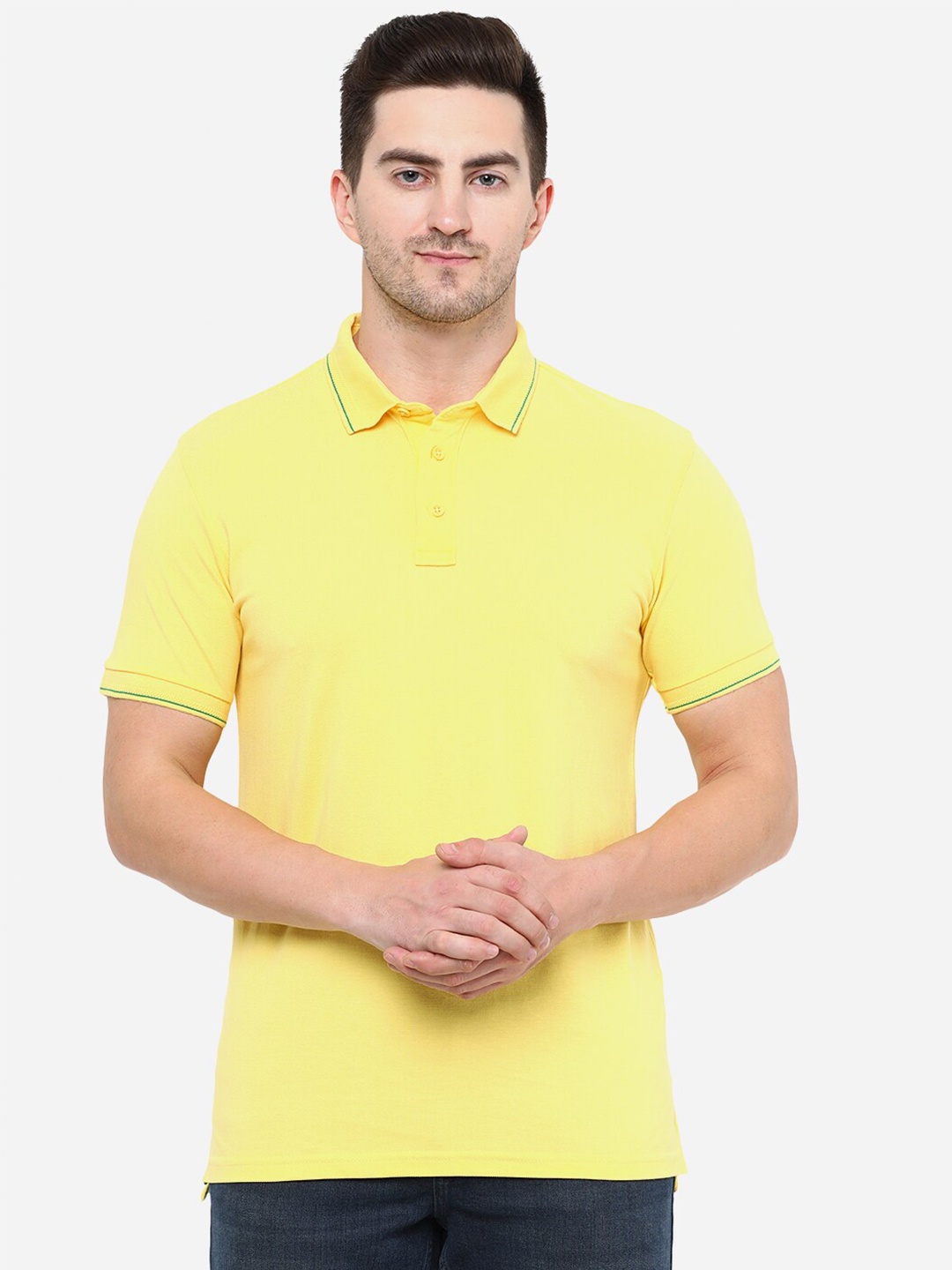 

JADE BLUE Men Yellow Solid Polo Collar Slim Fit Cotton T-shirt