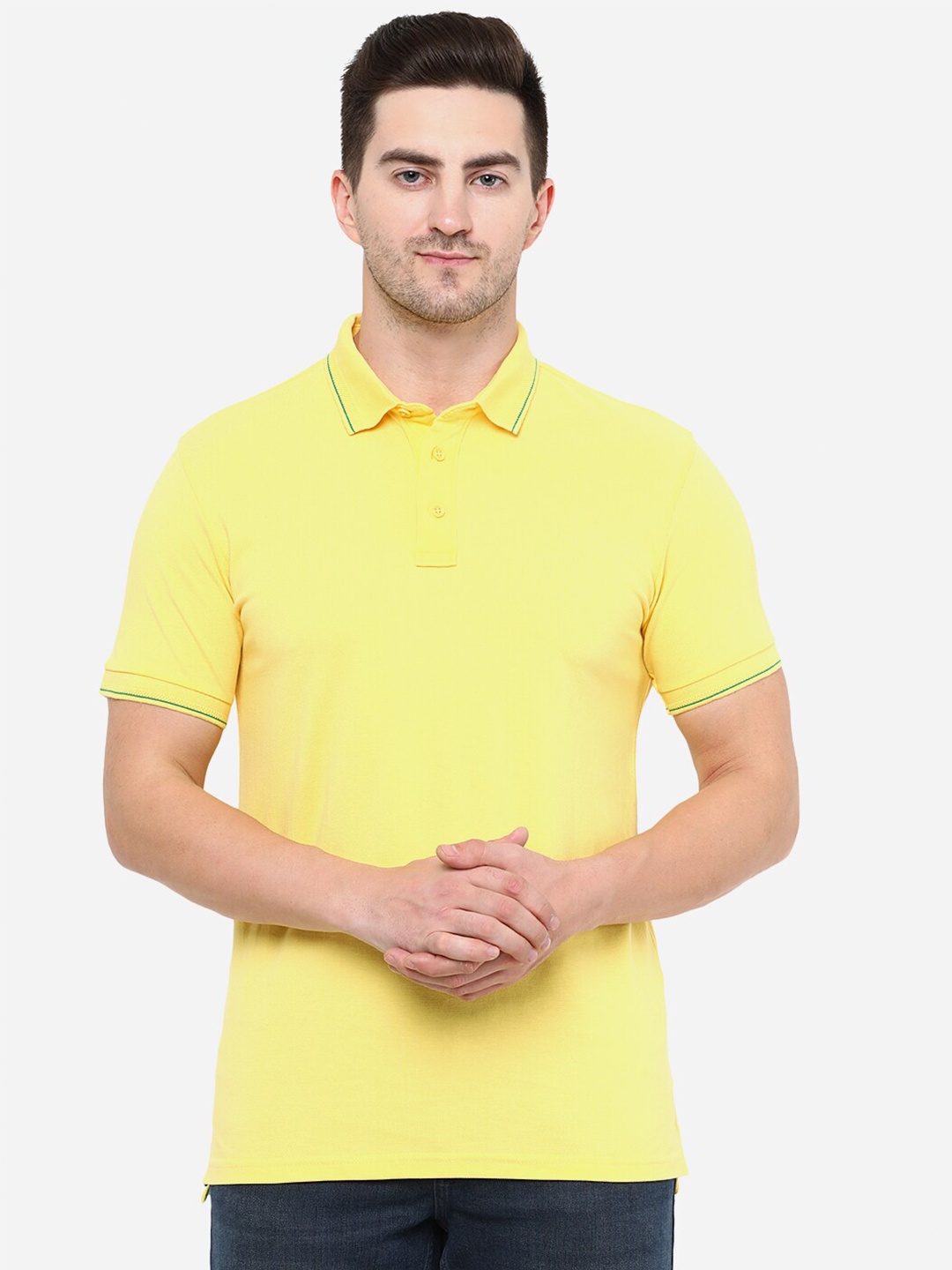 

JADE BLUE Men Yellow Solid Polo Collar Slim Fit Cotton T-shirt