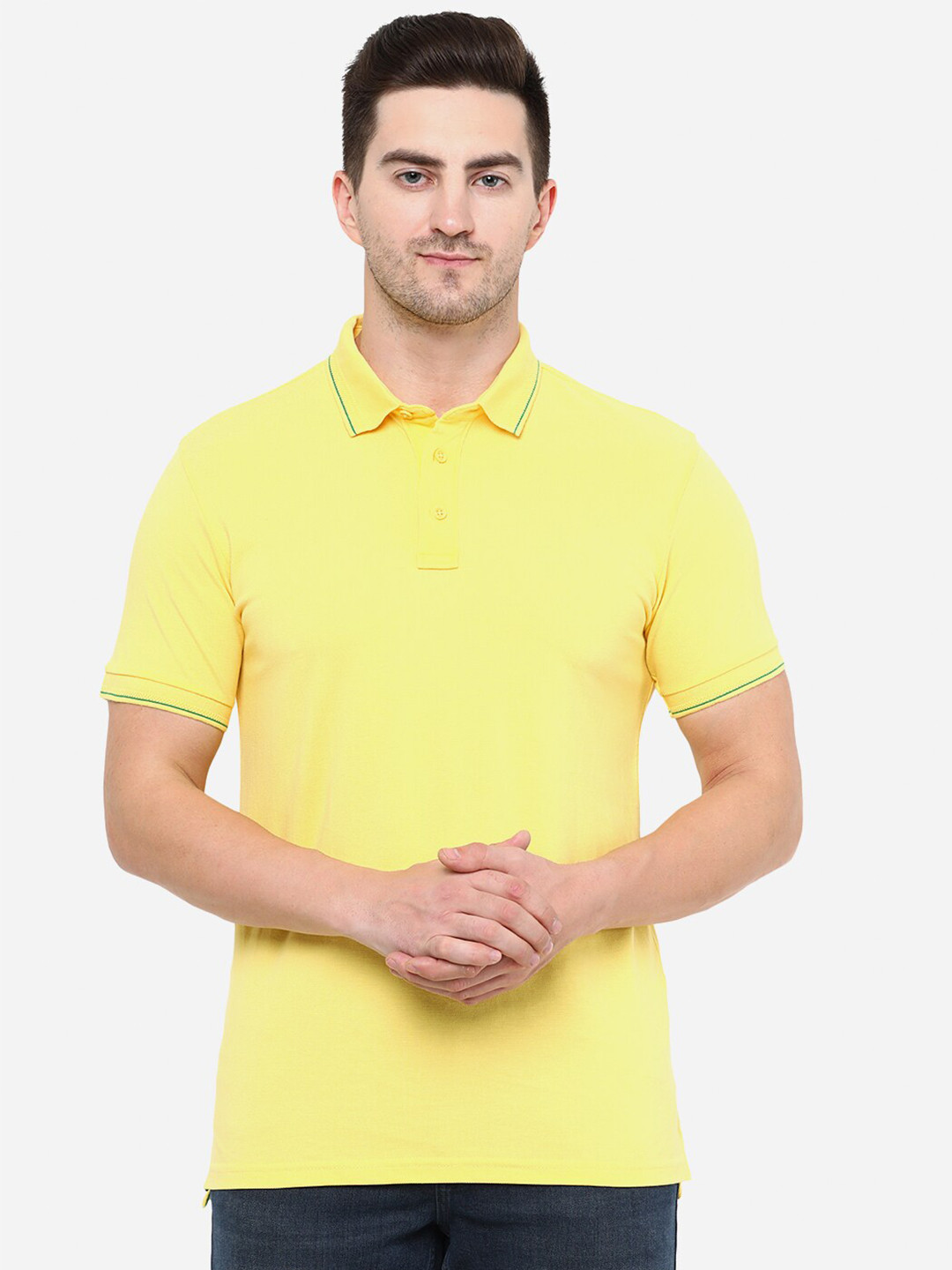 

JADE BLUE Men Yellow Solid Polo Collar Slim Fit Cotton T-shirt