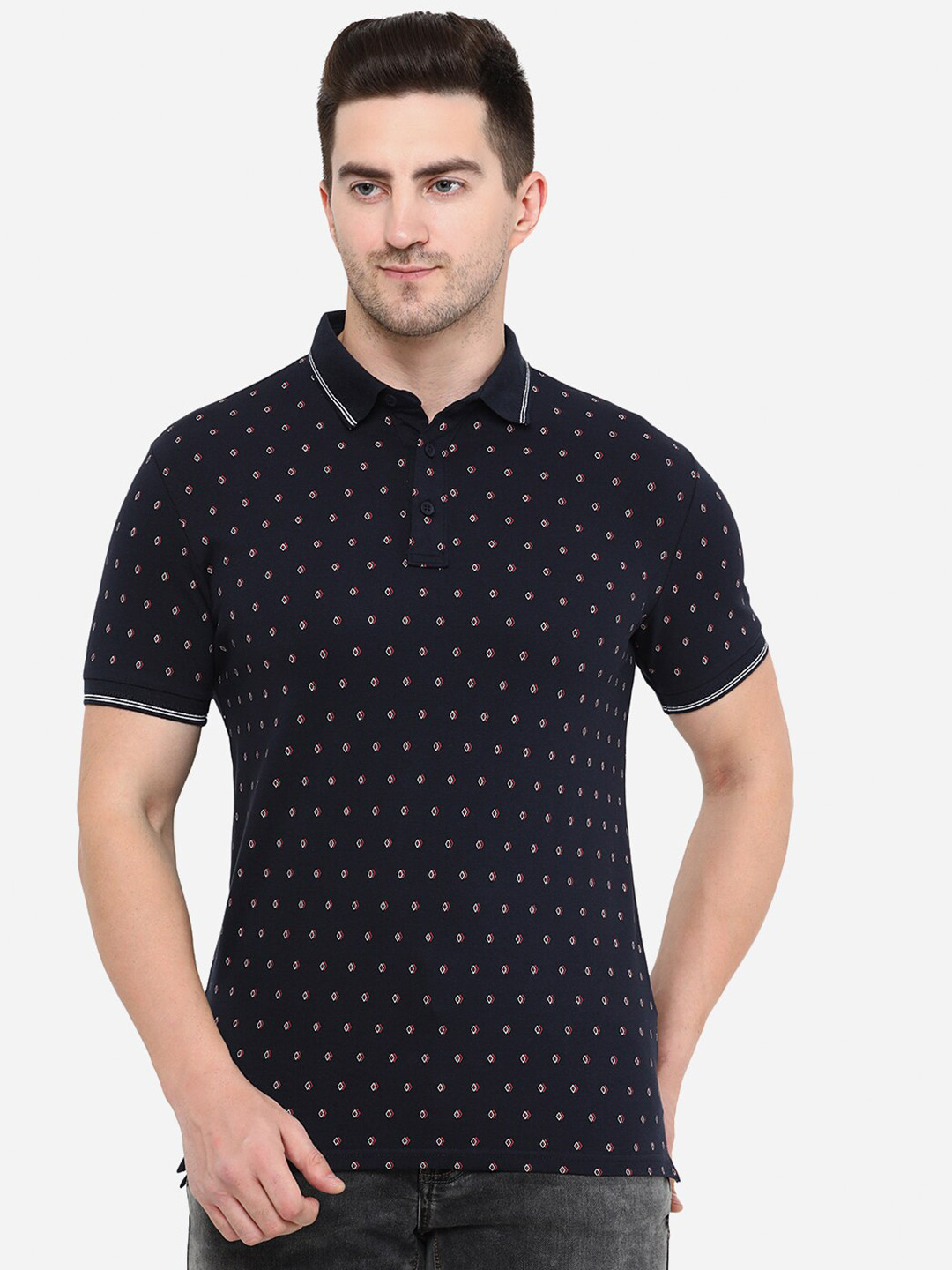 

JADE BLUE Men Blue Geometric Printed Polo Collar Slim Fit Cotton T-shirt
