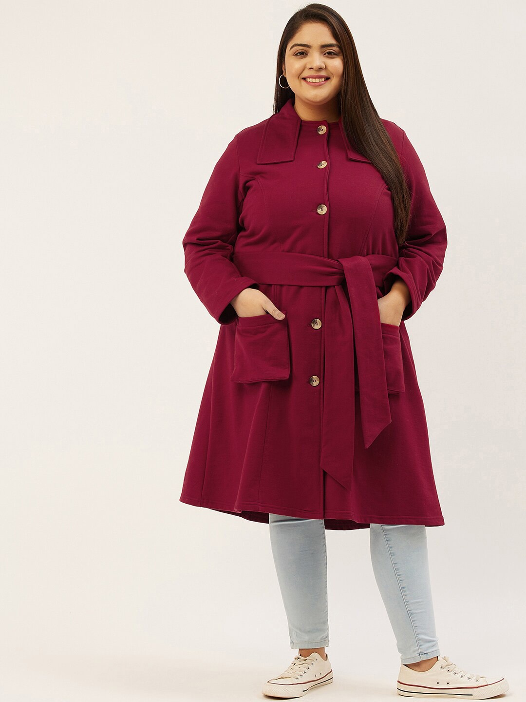 

theRebelinme Women Plus Size Maroon Fleece Longline Overcoat