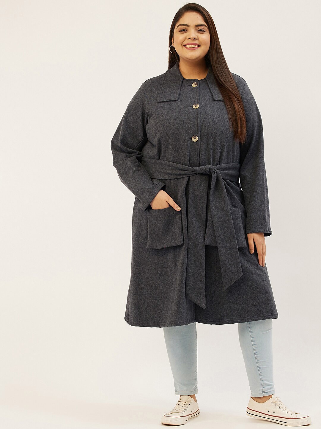 

theRebelinme Women Plus Size Longline Overcoat with Belt, Grey