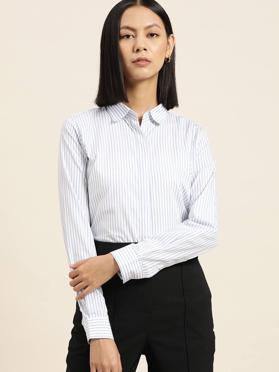 

Hancock Women White Comfort Striped Pure Cotton Regular Fit Formal Shirt