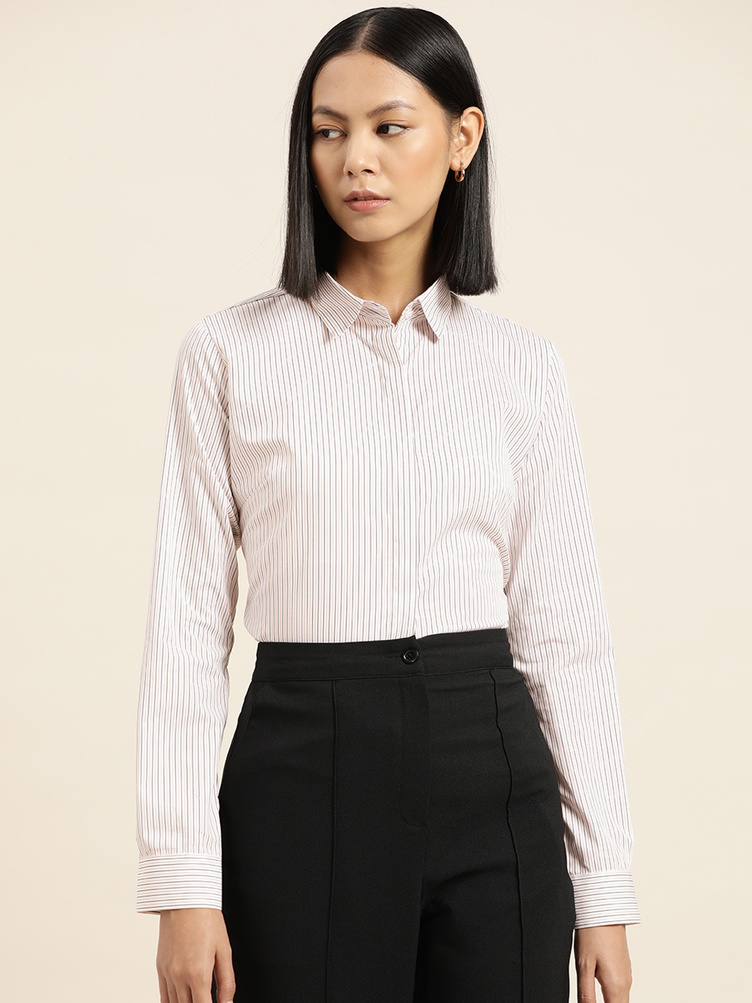 

Hancock Women White Comfort Pinstripes Striped Formal Shirt