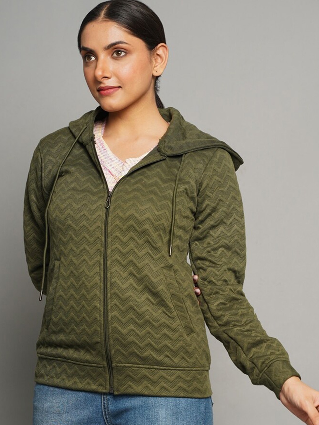 

FLAMBOYANT Women Olive Green Hooded Bomber Jacket