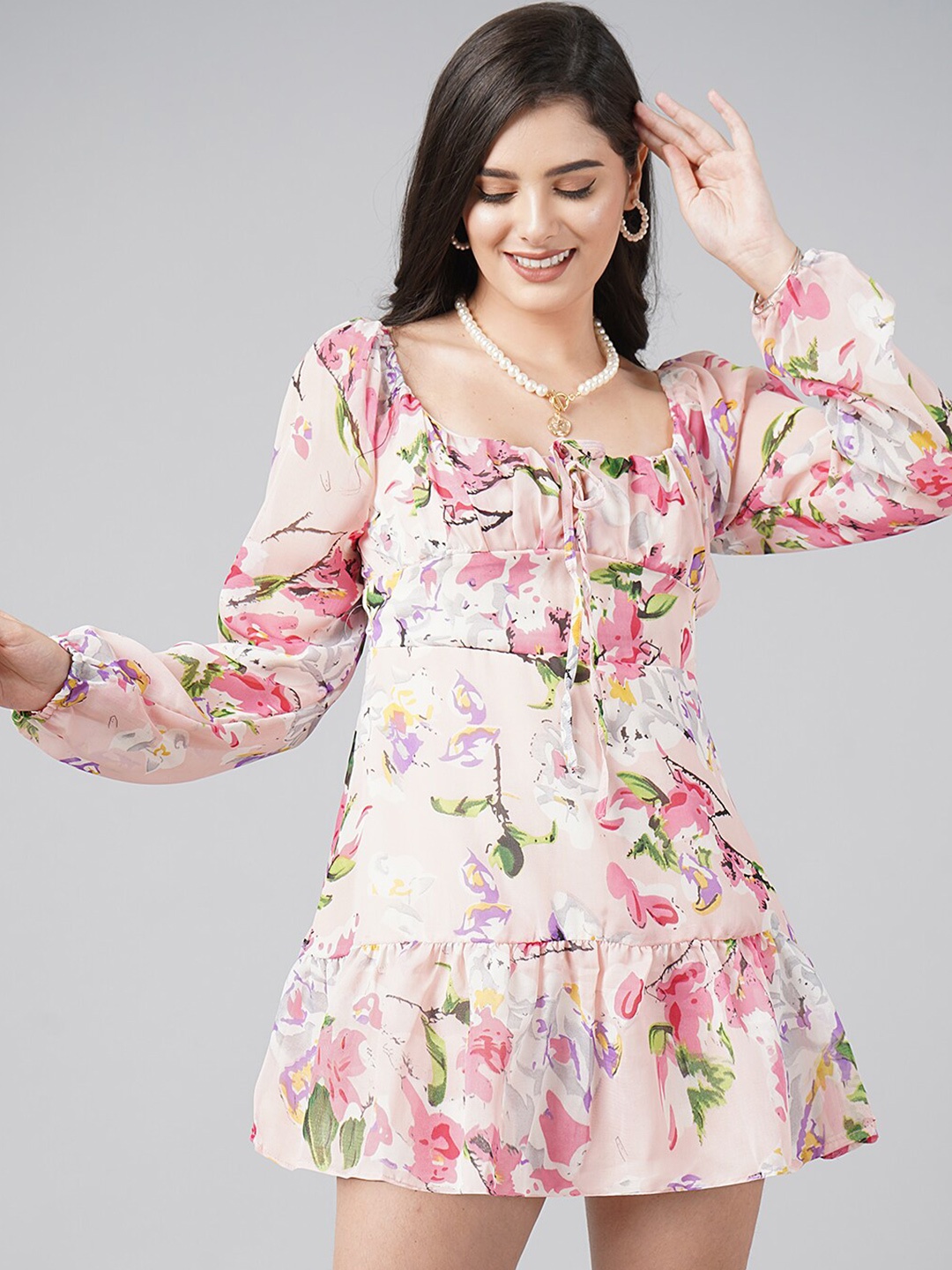 

DIVA WALK EXCLUSIVE Women Peach-Coloured & Pink Floral Tie-Up Neck A-Line Mini Dress
