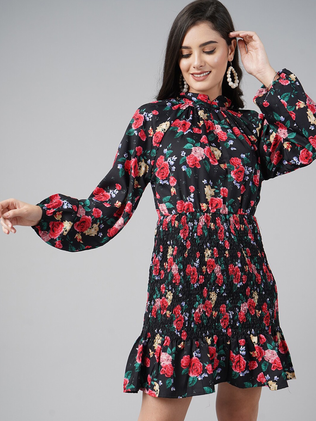 

DIVA WALK EXCLUSIVE Women Black & Red Floral Mandarin Collar Fit & Flare Dress