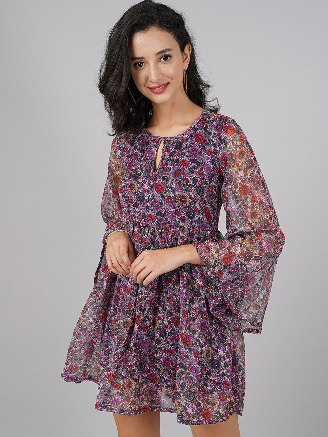 

DIVA WALK EXCLUSIVE Women Purple & Red Floral Keyhole Neck Fit & Flare Dress