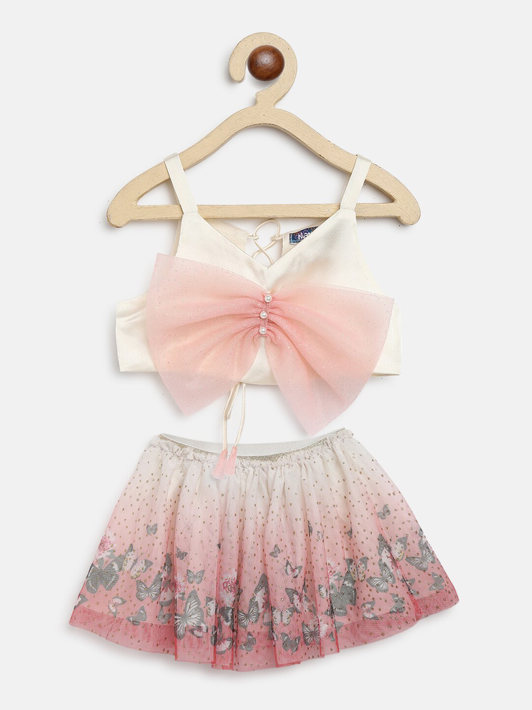 

Nauti Nati Girls Off White & Peach-Coloured Embellished Top with Skirt