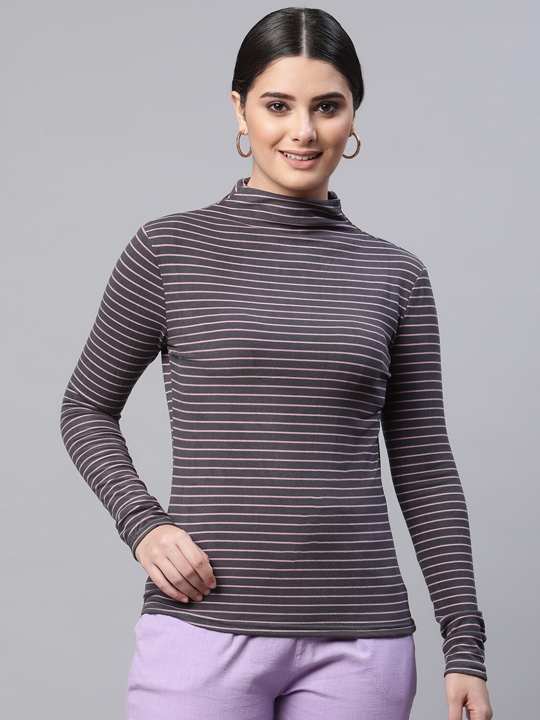 

Global Republic Women Grey & Lavender Striped Long Sleeves Polyester Top