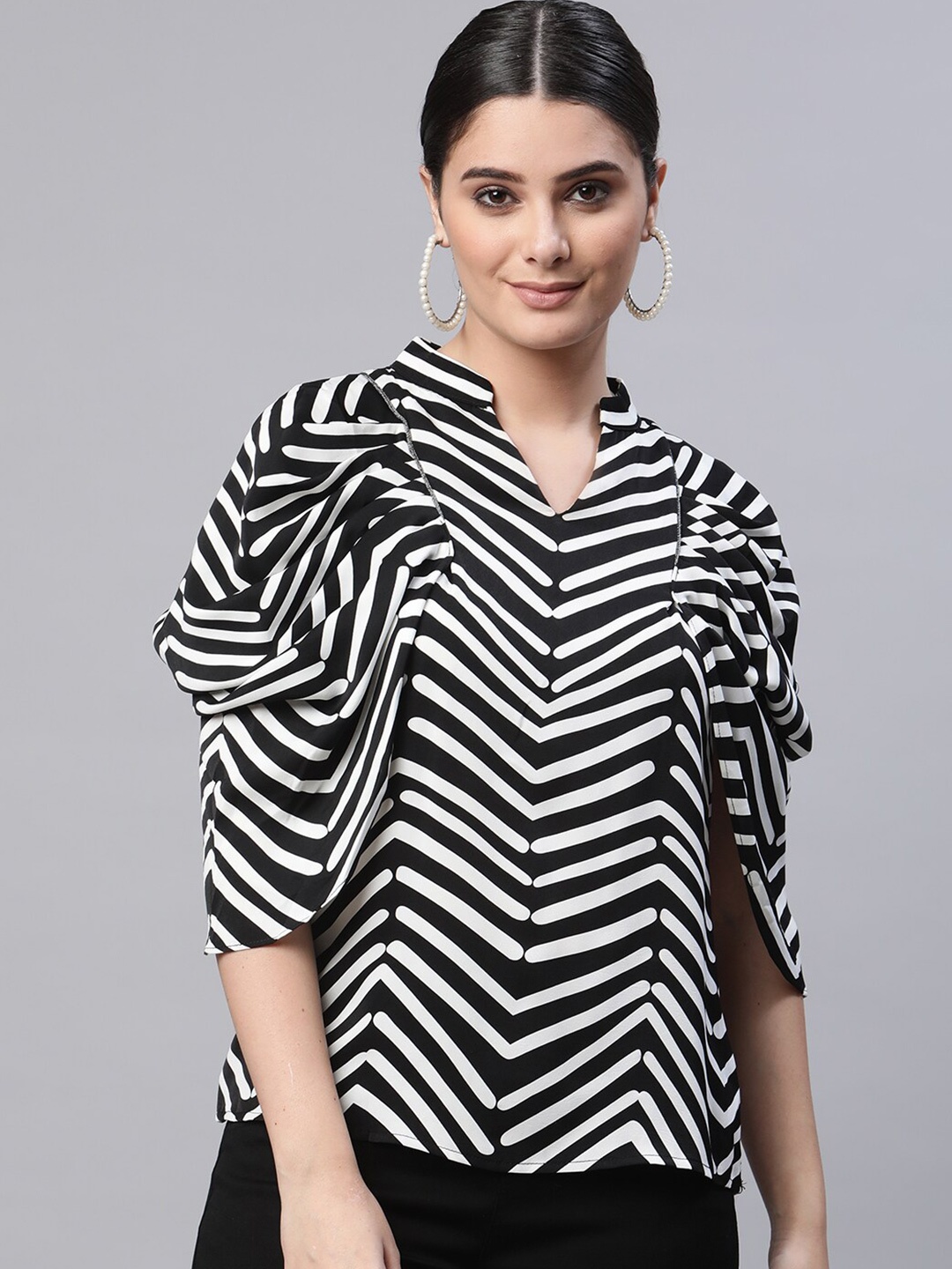 

Global Republic Women Black & White Animal Print Polyester Mandarin Collar Shirt Style Top