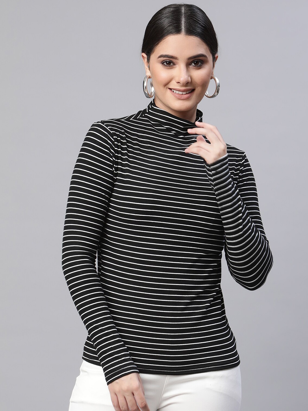 

Global Republic Women Black & White Striped Long Sleeves Jacquard Top