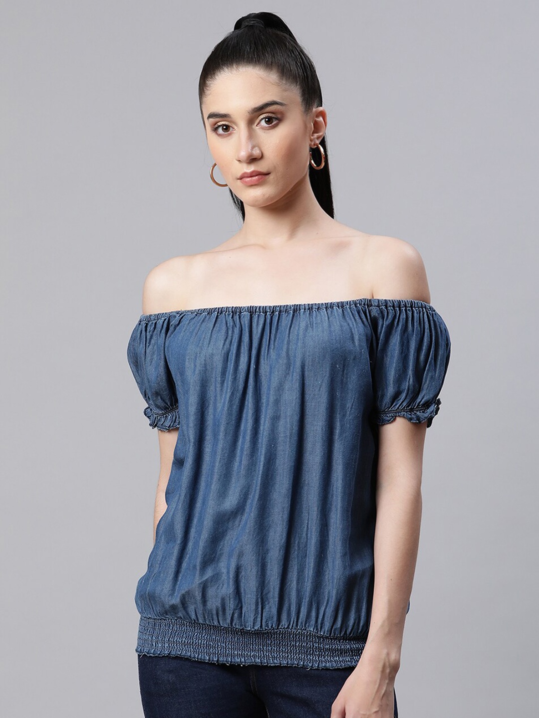 

Global Republic Women Blue Solid Off-Shoulder Denim Blouson Top