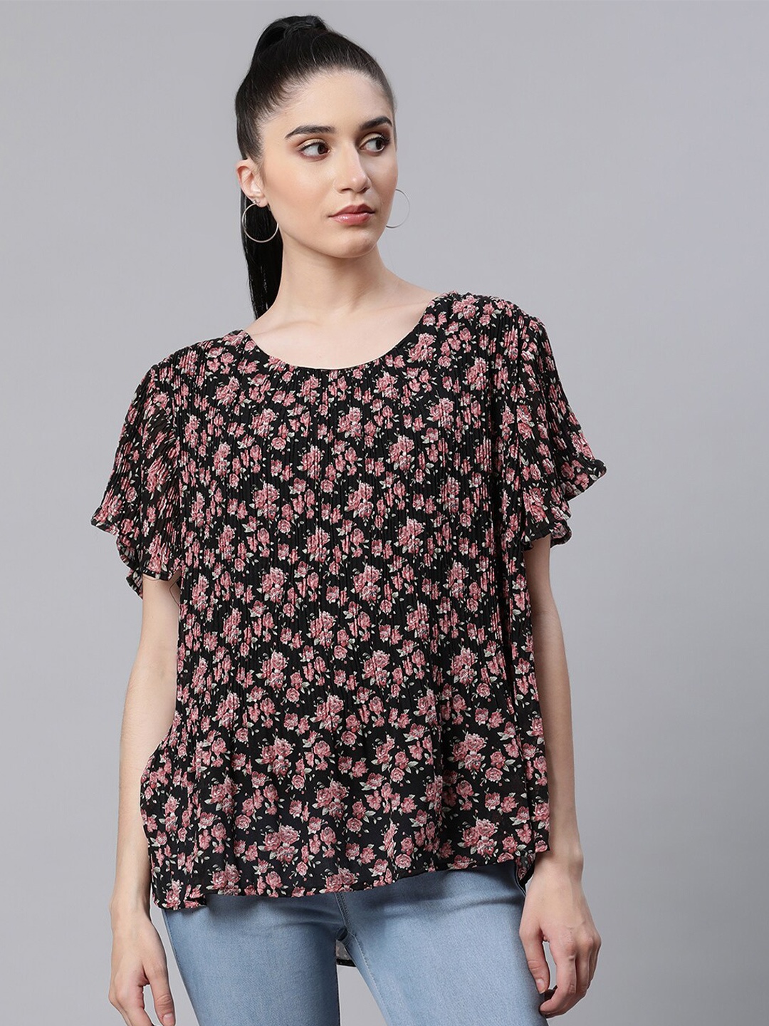 

Global Republic Women Black & Pink Floral Print Polyester Top