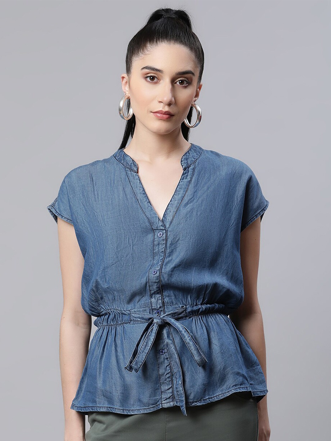 

Global Republic Women Blue Solid Mandarin Collar Extended Sleeves Denim Top