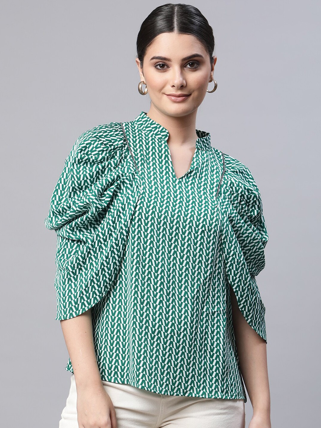 

Global Republic Women Green & White Geometric Print Mandarin Collar Polyester Top