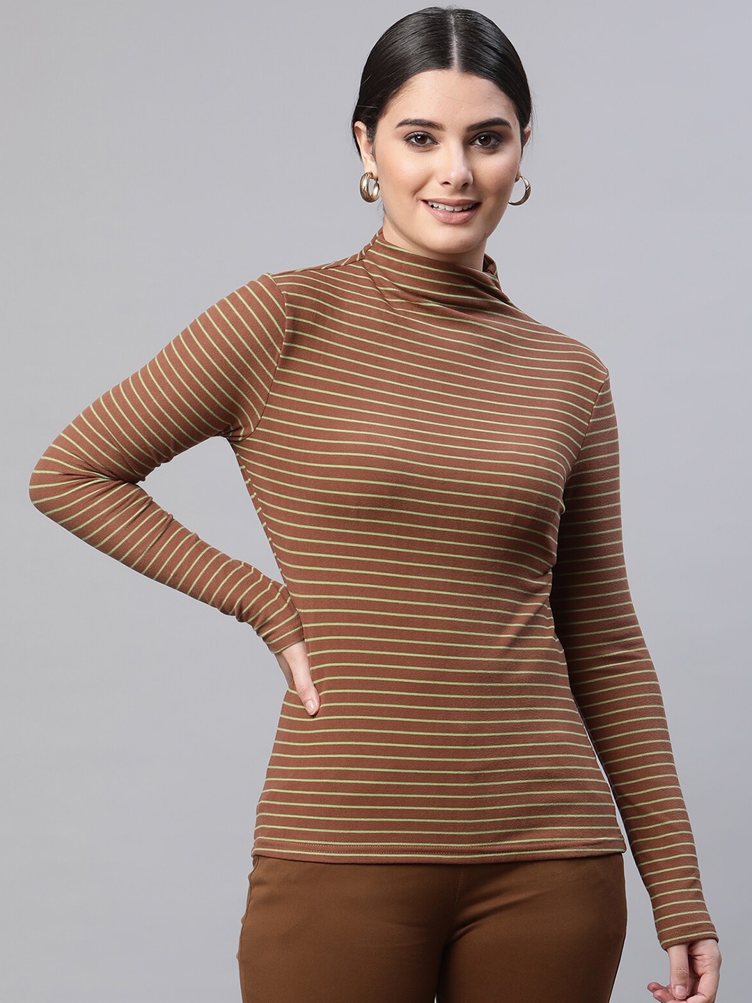 

Global Republic Women Brown & White Striped Slim Fit Polyester Top