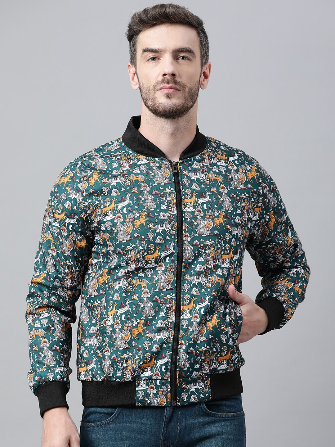 

Hangup Men Sea Green & Black Printed Pullover Sweater