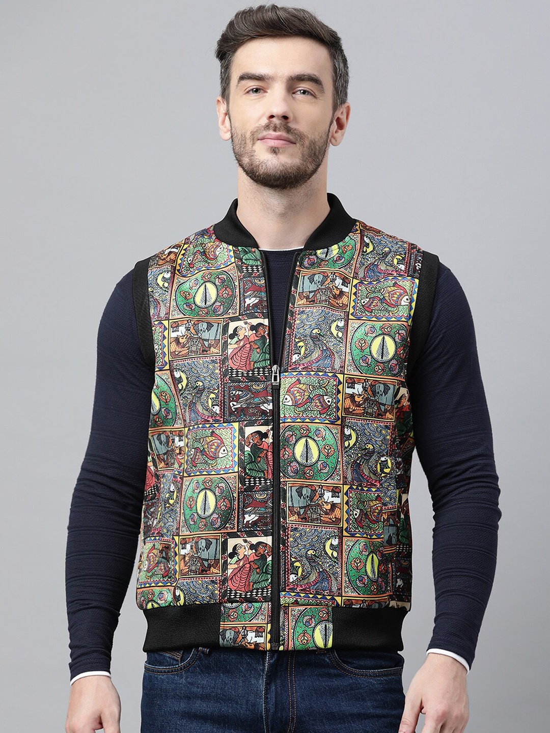 

Hangup Men Black & Sea Green Printed Pullover Sweater