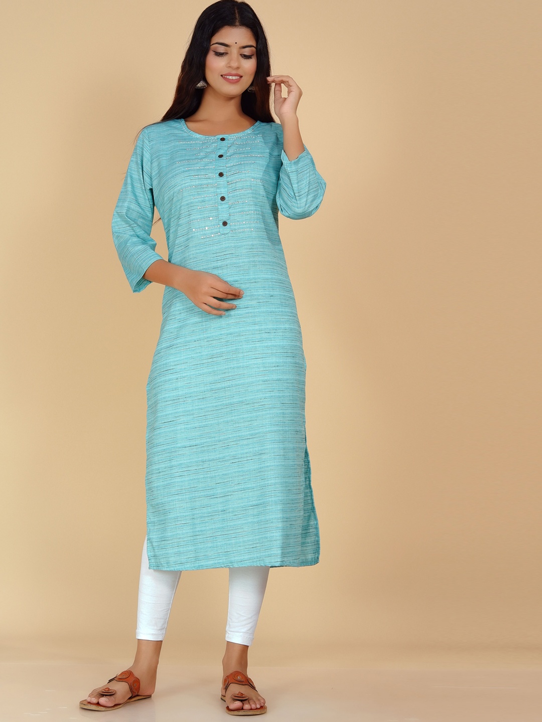 

DHRTI Striped Thread Work Straight Regular Kurta, Green