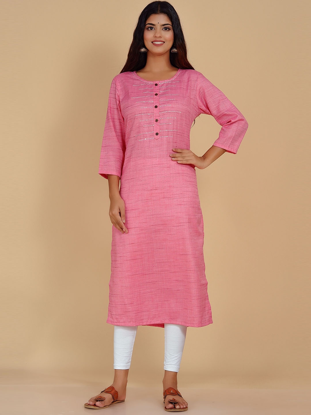 

DHRTI Women Pink Striped Thread Work Kurta