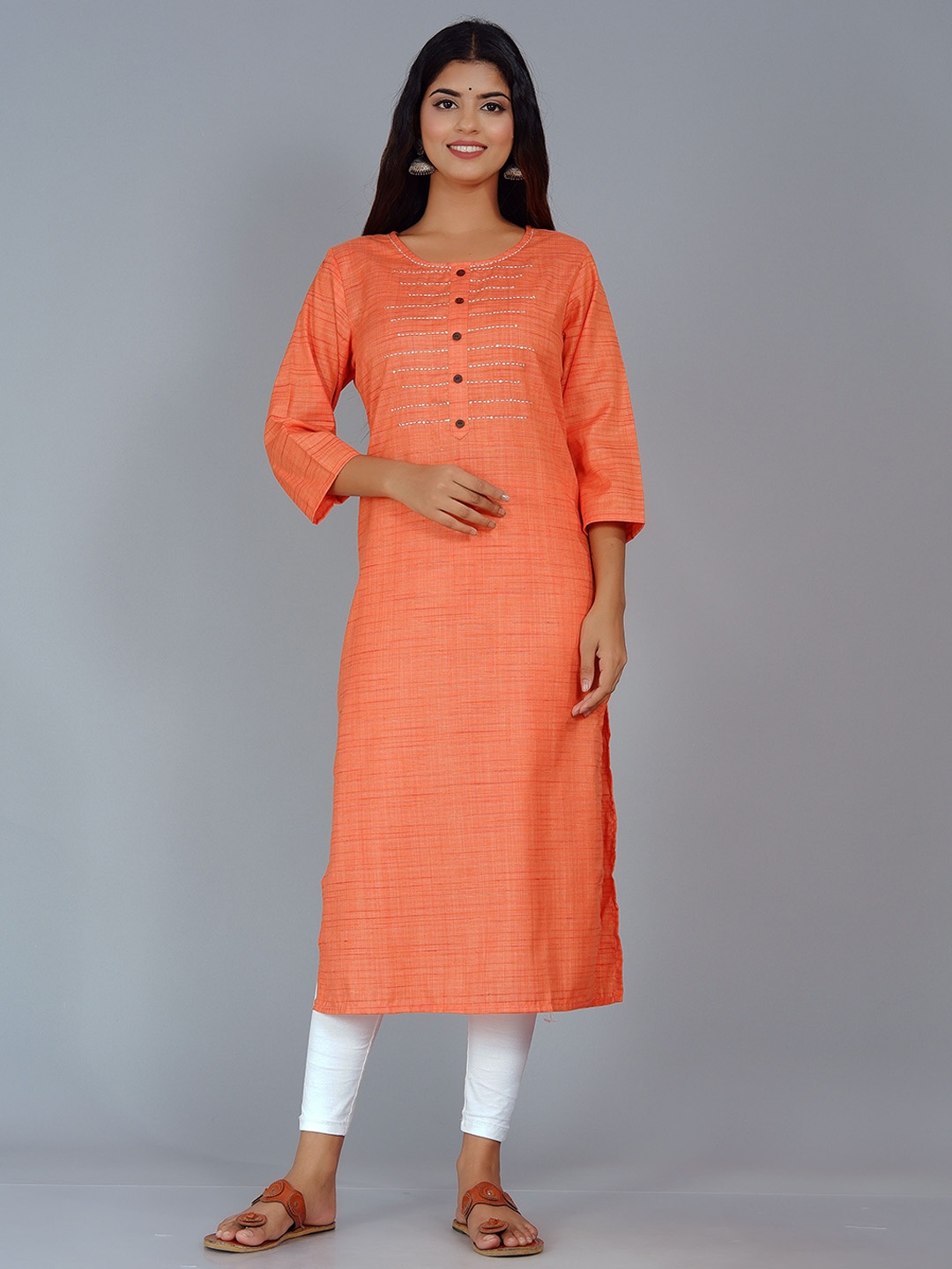 

DHRTI Striped Thread Work Straight Regular Kurta, Orange