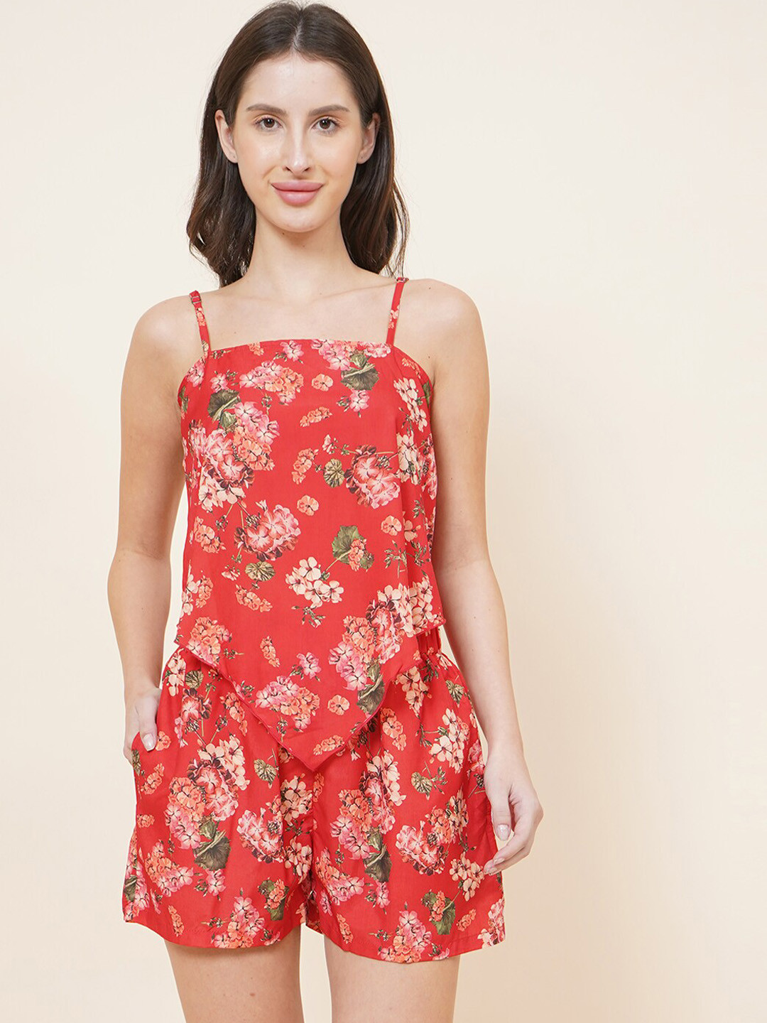 

DIVA WALK EXCLUSIVE Women Red & White Floral Printed Pure Cotton Night suit