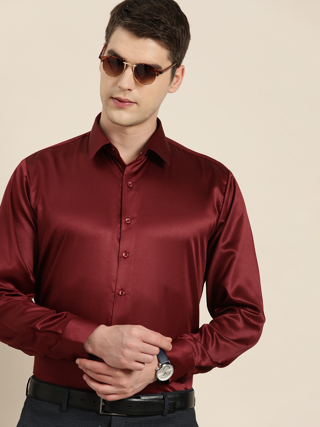 

Hancock Men Maroon Solid Satin Club Slim Fit Party Shirt