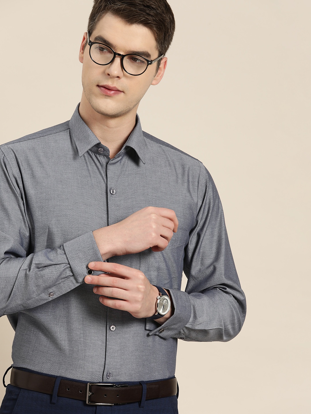 

Hancock Men Grey Self Design French Cuff Pure Cotton Slim Fit Formal Shirt