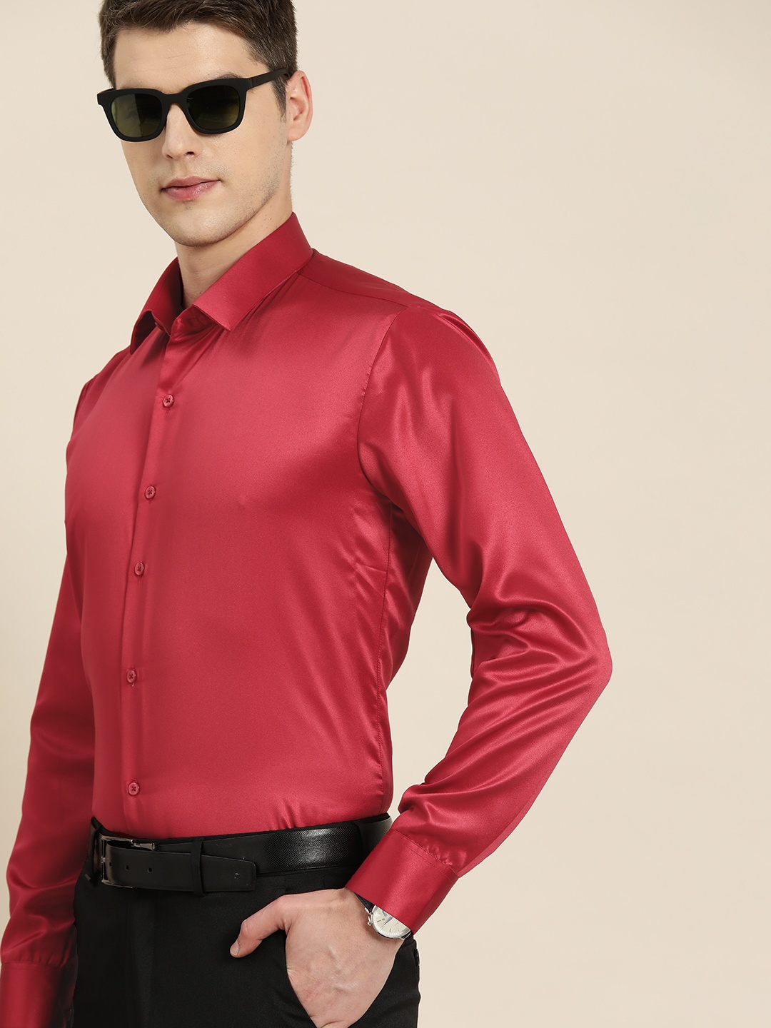 

Hancock Men Red Solid Satin Club Slim Fit Party Shirt