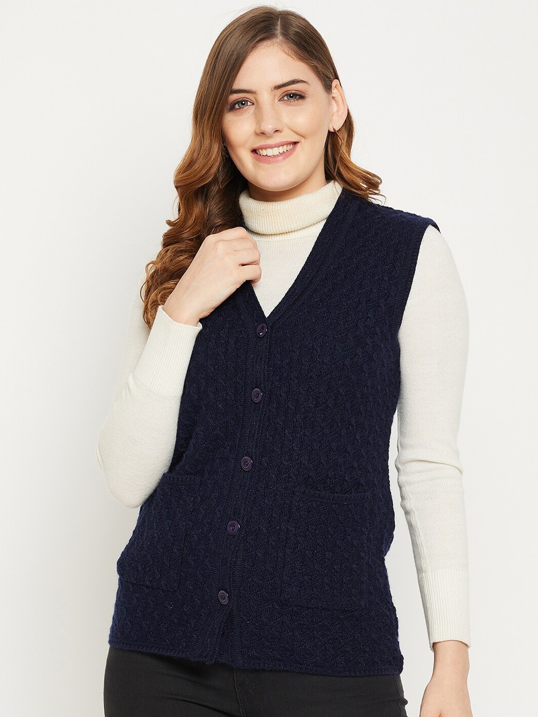 

Zigo Women Navy Blue Self Design Cable Knit Wool Cardigan Sweater