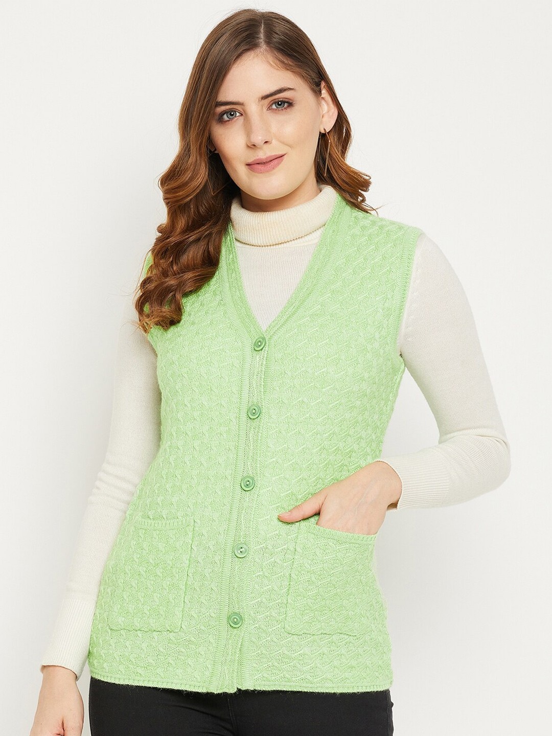 

Zigo Women Green Self Design Cable Knit Wool Cardigan Sweater