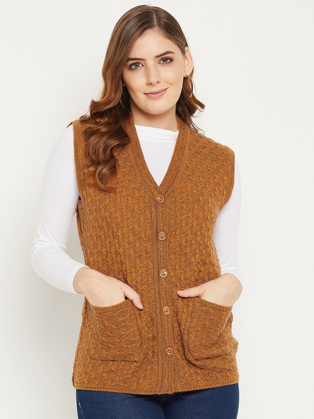 

Zigo Women Mustard Self Design Cable Knit Wool Cardigan Sweater